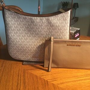 Brand New Michael Kors Monogram Beige and Tan Crossbody Bag Set